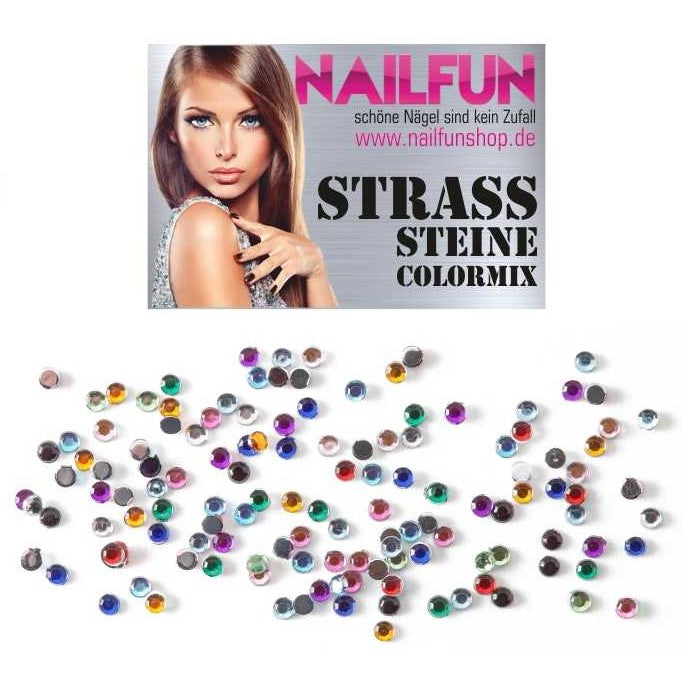 1 Packung NAILFUN Strass Steine Colormix rund 1,5mm 100 Strasssteine schwarz, violet, lila, rose, rosa, rot, grün, blau, gelb, kristall, silber, irisierend