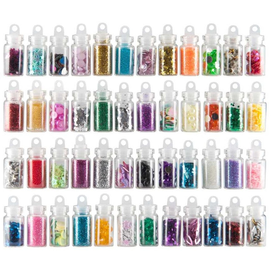 48 x Nailart Fläschchen mit Microperlen Pailetten Fimo Rauten Sterne uvm.