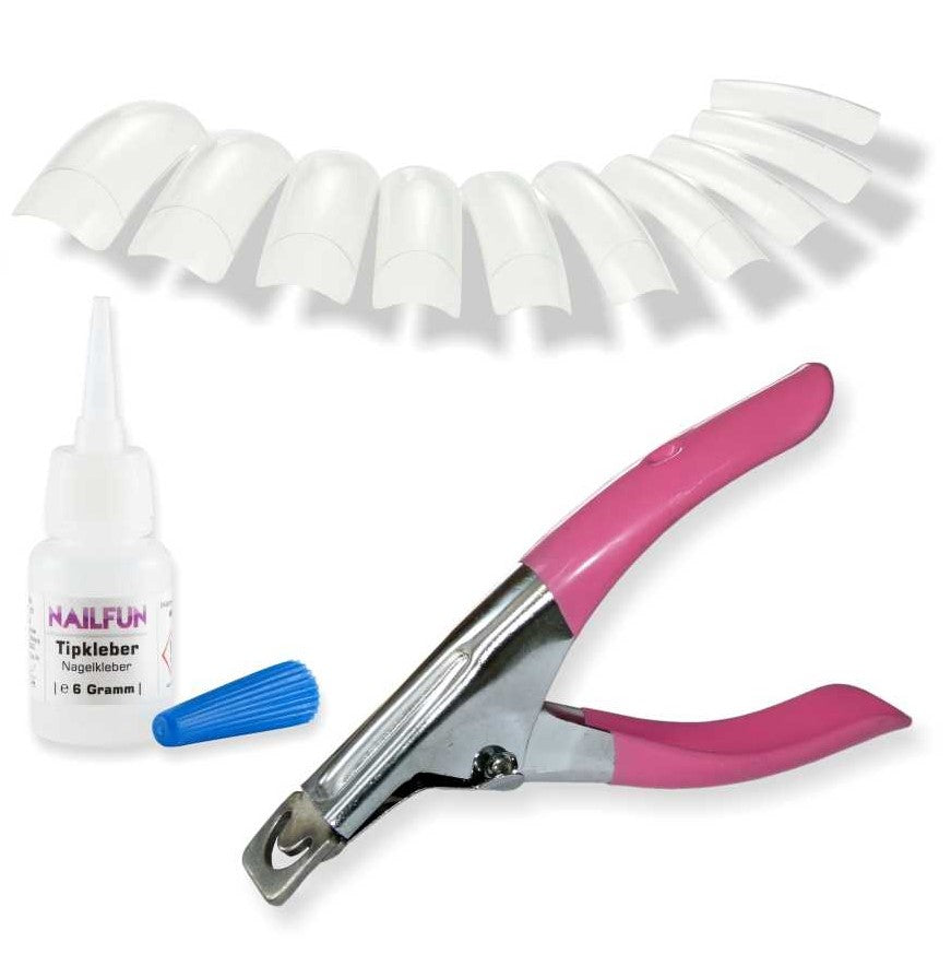 500 Square Tips transparent in 10 Größen + 1x Tipcutter pink rosa + 1x Tipkleber 6g
