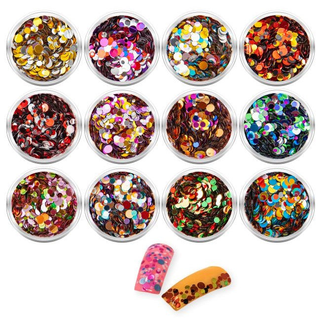 12 DÖSCHEN NAILART PAILLETTEN RUND METALLIC IM SET - FARBLICH SORTIERT von NAILFUN nailfunshop