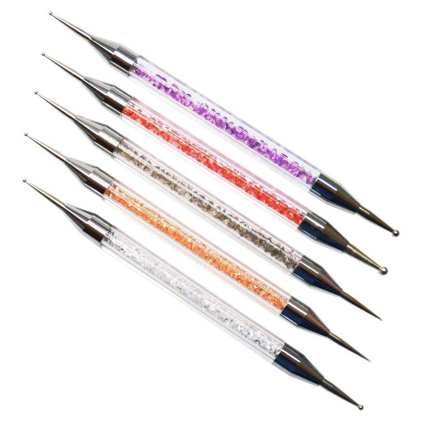 5 Stück NAILFUN HQ Swirl-Tool gefüllt mit Strasssteinchen - Swirltool fein mittel grob Nailart-Werkzeug mit 2 Spitzen in 5 verschiedenen schönen Farben - Spotswirl - French-Ball - Dotting-Tool
