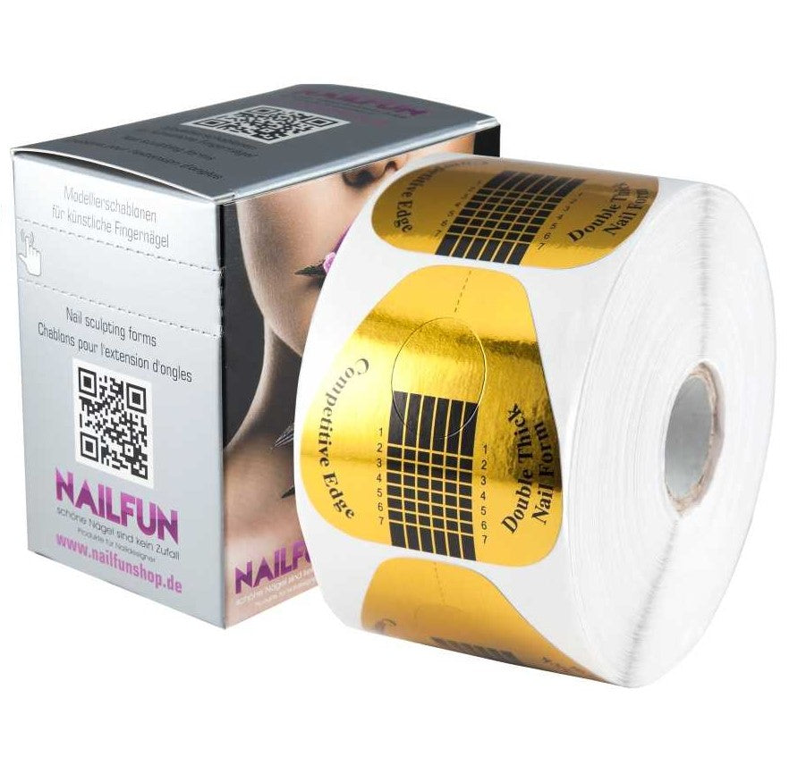 NAILFUN 1 Rolle 500 selbstklebende Double-Thick Modellierschablonen extrabreit Gold + Spenderbox Acrylmodellage Gelmodellage künstliche Fingernägel