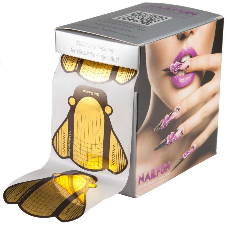 Nailfun Nagelschablonen 500 Stück selbstklebende Nailart Gel Modellier Schablonen Butterfly Gold extrabreit + Box - NAILFUN