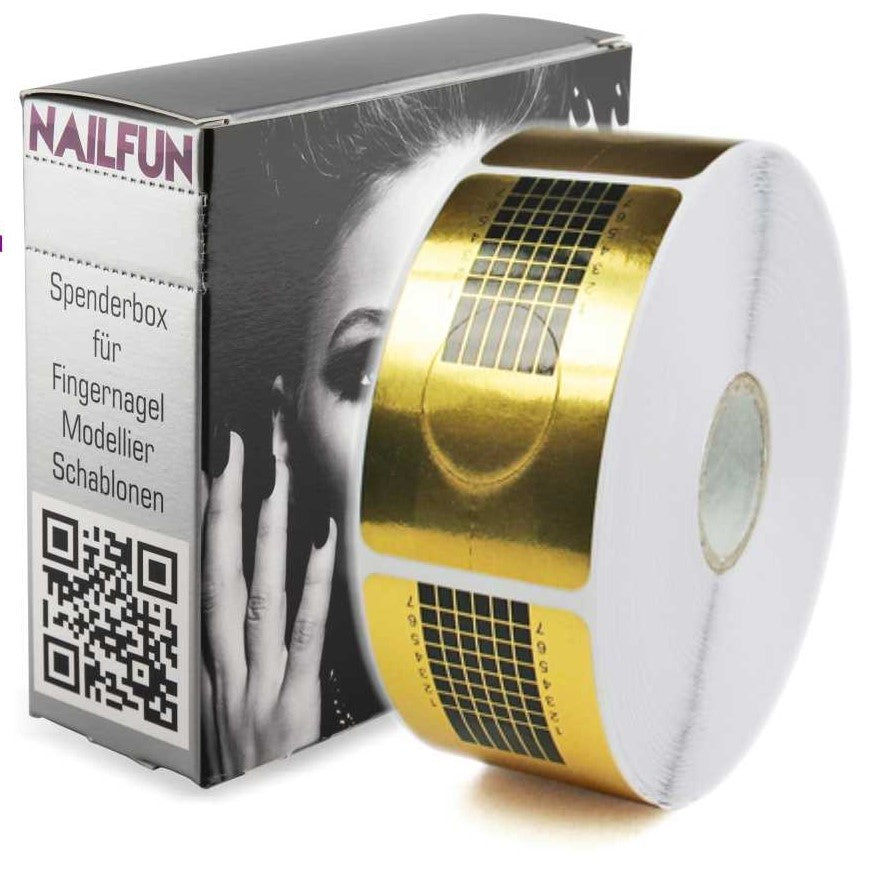 1 Rolle = 500 selbstklebende Schablonen SQUARE-GOLD Goldschablonen perforiert inkl. NAILFUN Spenderbox